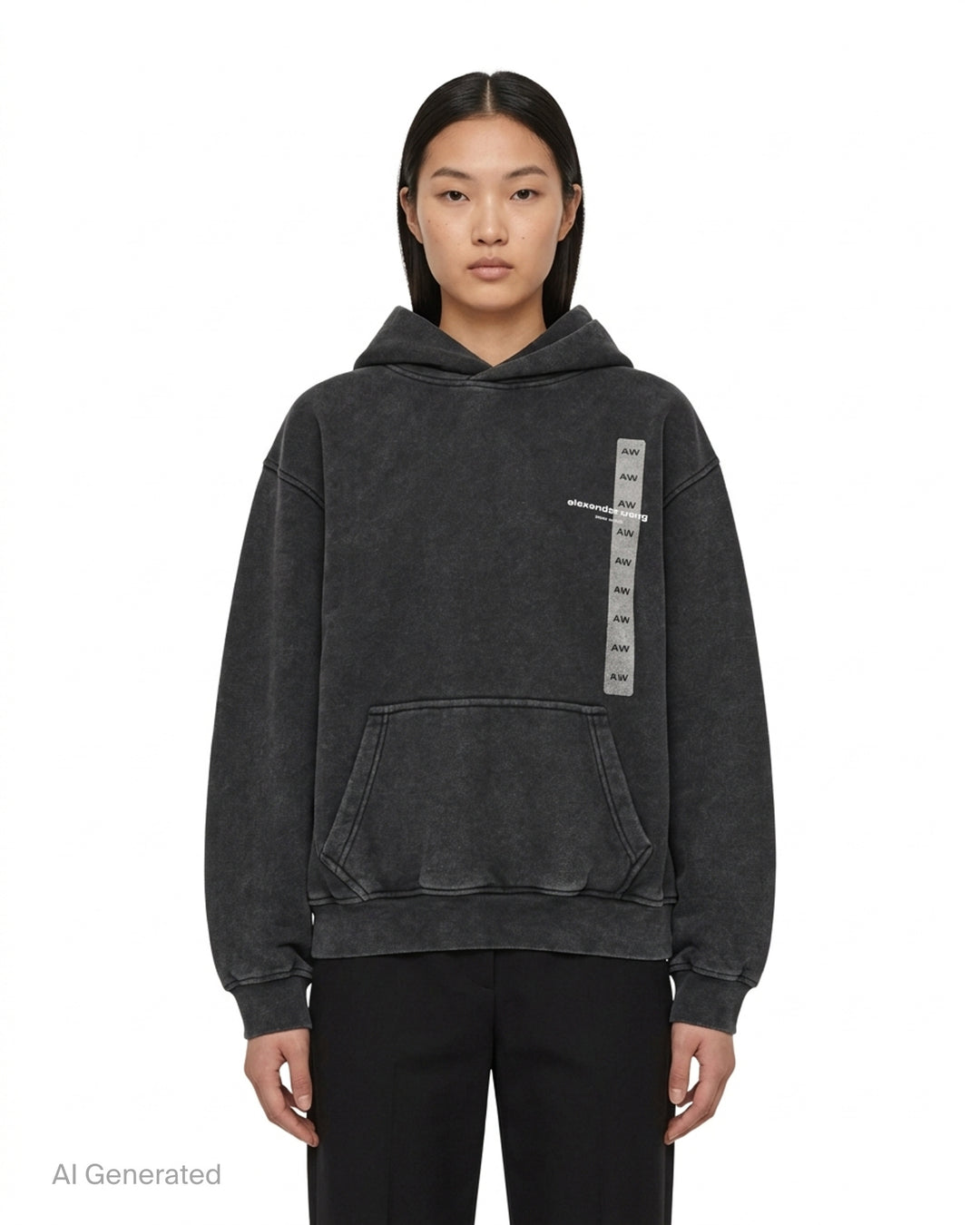 Alexander Wang washed black oversized hoodie with vertical holographic AW flasher graphic and alexanderwang New York logo print on the chest - front