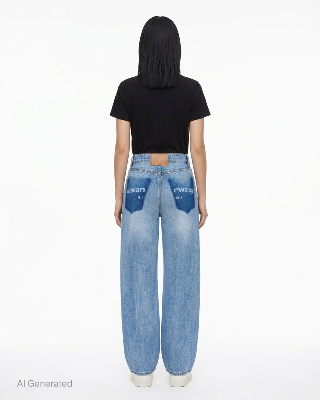 Alexander Wang Float Jeans in washed mid-blue denim with a high rise and curved twisted-seam leg, shown from the front - back
