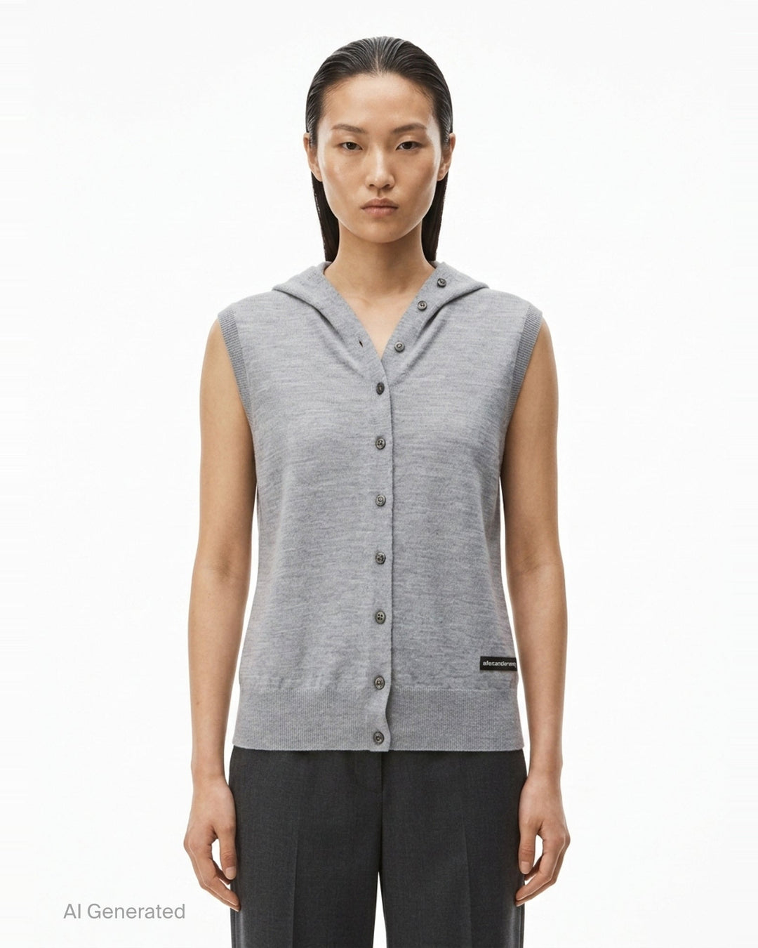 Alexander Wang heather grey hooded tank cardigan with full button-down front closure, ribbed trim, and woven brand label at hem - front