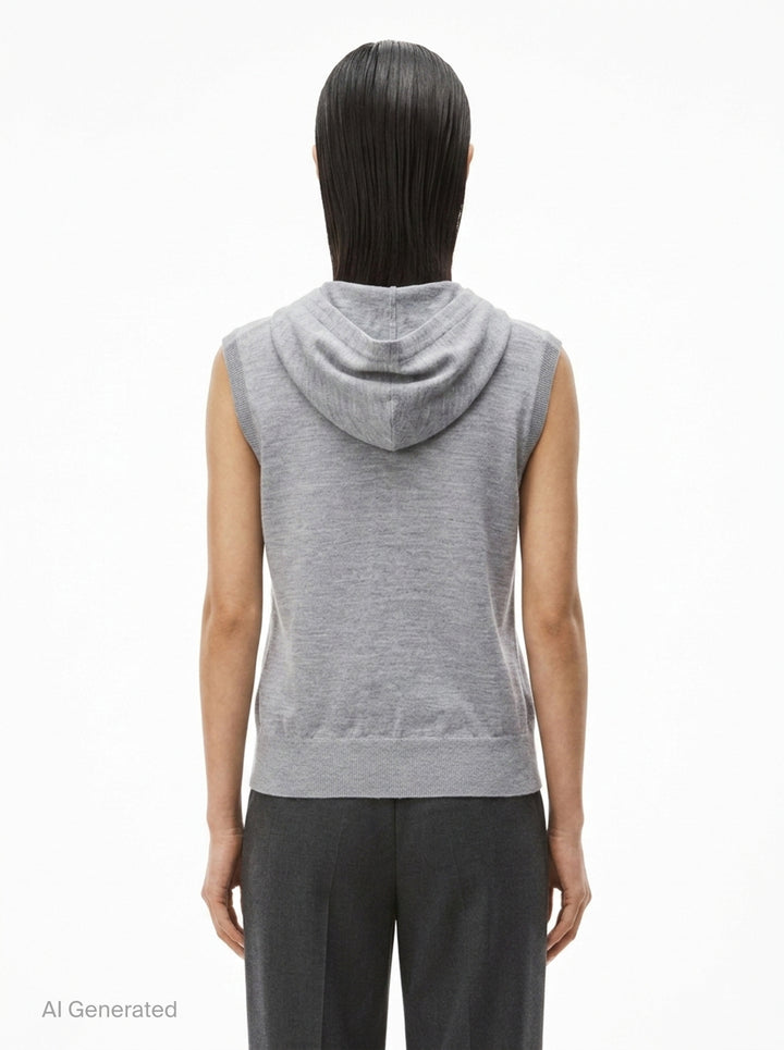 Alexander Wang heather grey hooded tank cardigan with full button-down front closure, ribbed trim, and woven brand label at hem - back