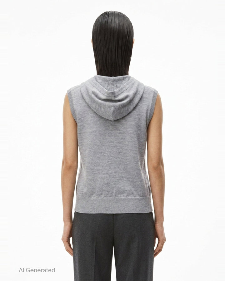 Alexander Wang heather grey hooded tank cardigan with full button-down front closure, ribbed trim, and woven brand label at hem - back