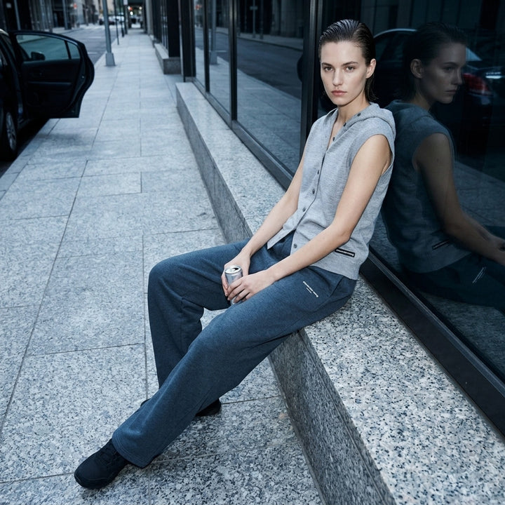 Alexander Wang heather grey hooded tank cardigan with full button-down front closure, ribbed trim, and woven brand label at hem - lifestyle