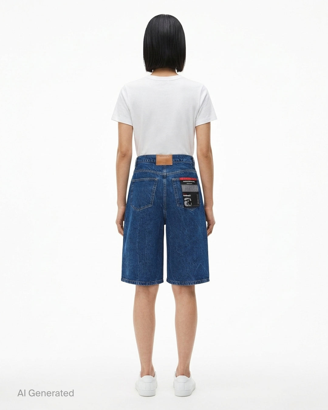 Alexander Wang low rise indigo denim board shorts with button fly and crystal-embellished AW logo strip - back
