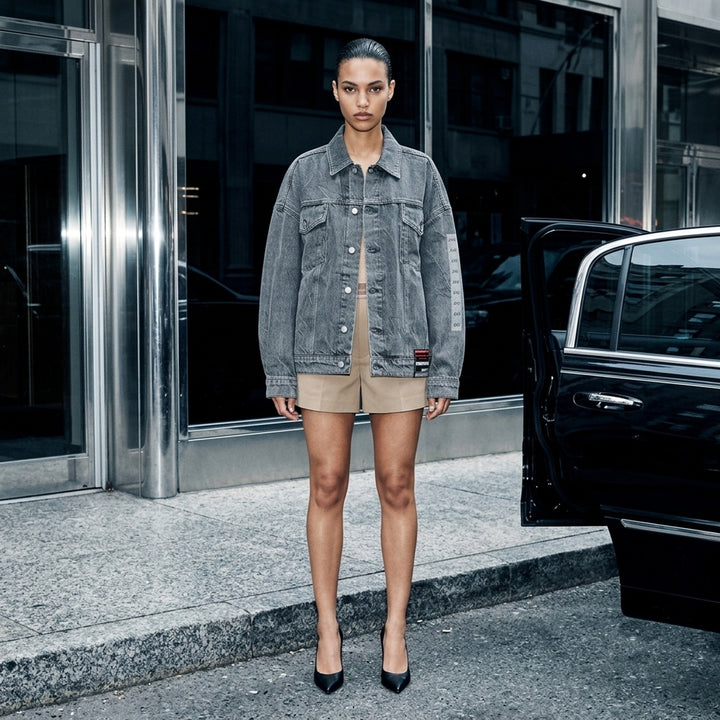 Alexander Wang oversized trucker jacket in washed grey denim with AW logo detail on the sleeve and woven denim label at the hem - lifestyle