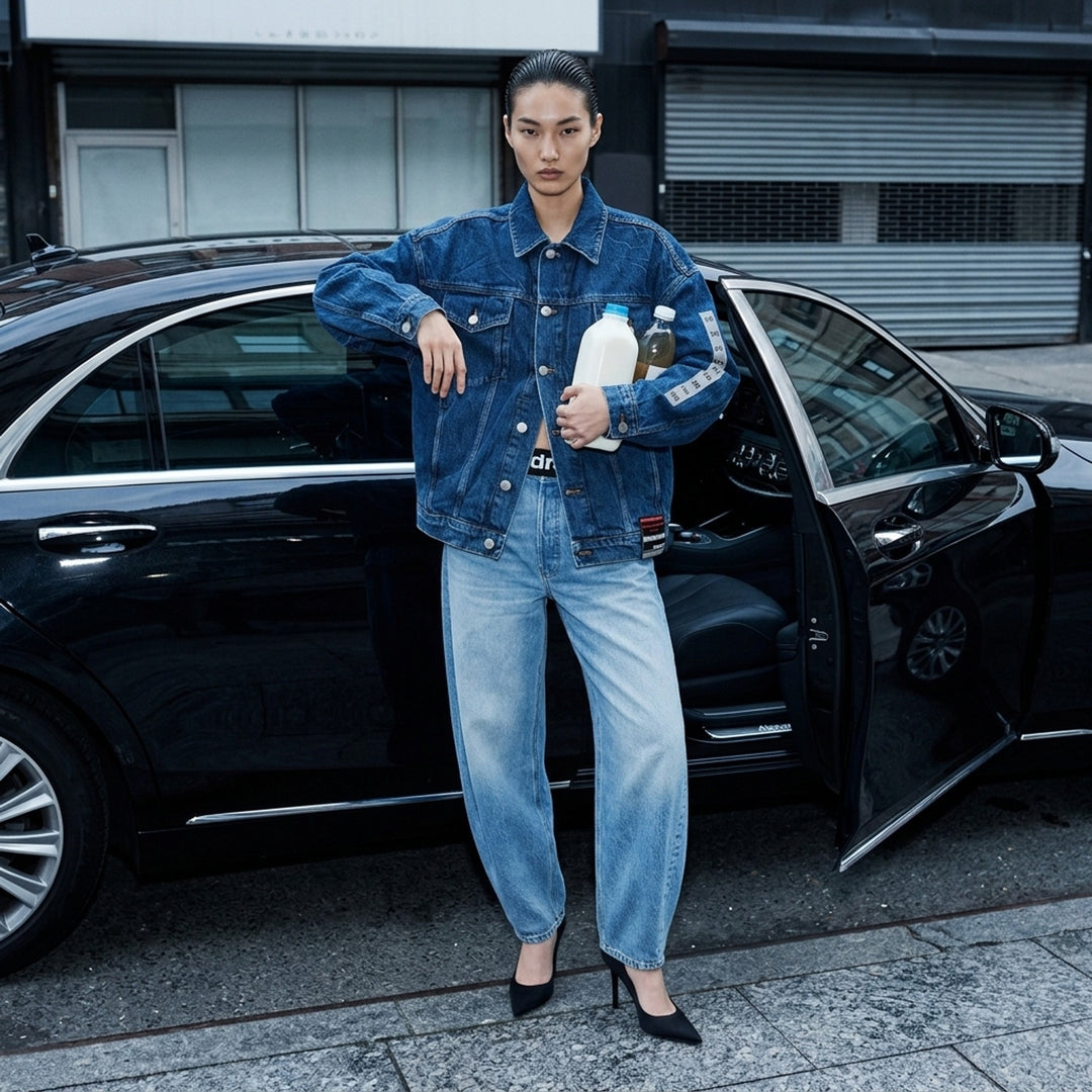 Alexander Wang oversized trucker jacket in washed blue denim with chest flap pockets, button front and AW logo tape on the sleeve - lifestyle