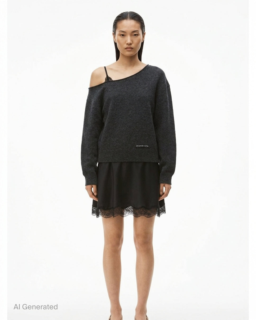 Alexander Wang pre-styled slip dress with off-shoulder charcoal knit sweater layered over a black satin slip with lace hem - front