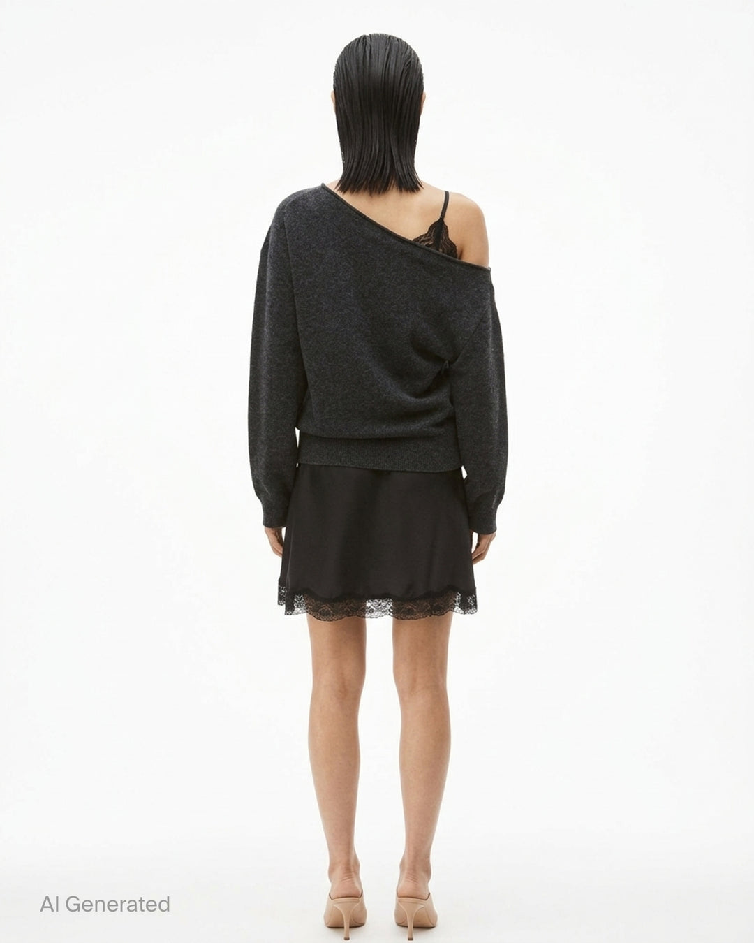 Alexander Wang pre-styled slip dress with off-shoulder charcoal knit sweater layered over a black satin slip with lace hem - back