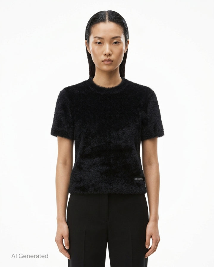 Alexander Wang black faux fur short sleeve crew neck tee with logo label at neckline and hem patch - front