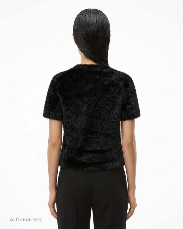 Alexander Wang black faux fur short sleeve crew neck tee with logo label at neckline and hem patch - back