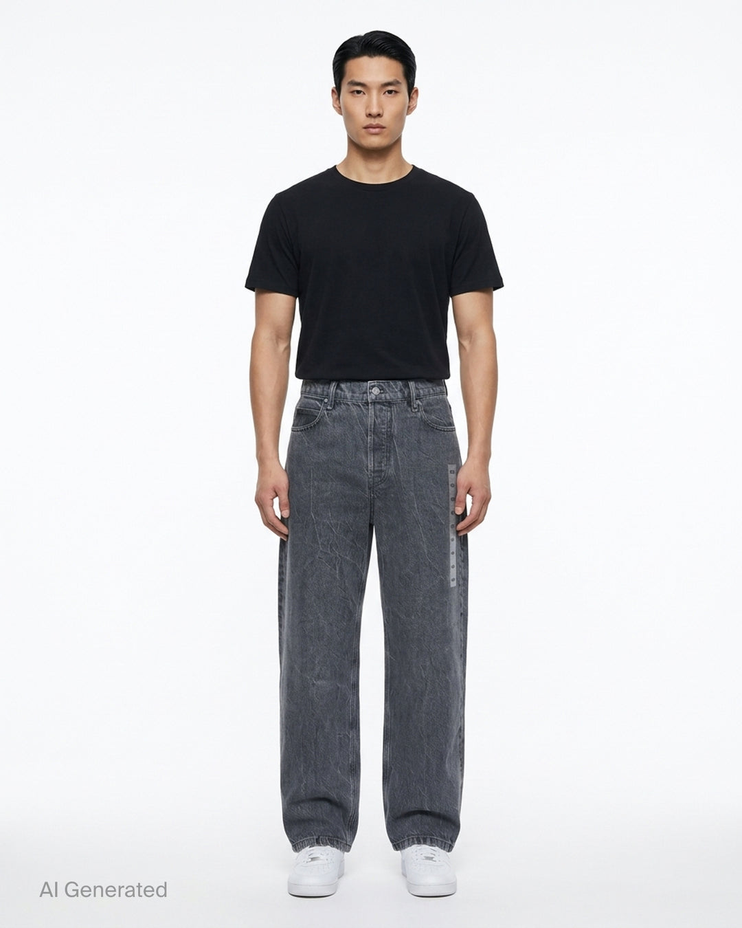 Alexander Wang unisex wide-leg jeans in washed charcoal denim with woven AW flasher label detail, front view - front