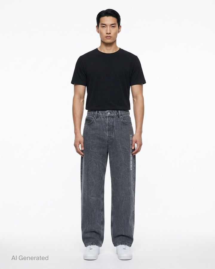 Alexander Wang unisex wide-leg jeans in washed charcoal denim with woven AW flasher label detail, front view - front