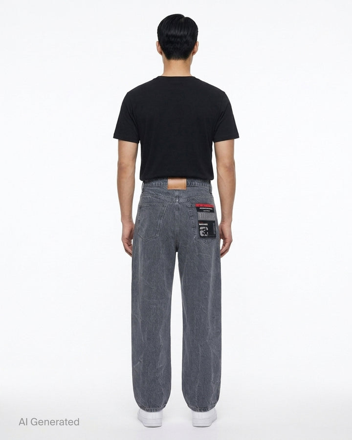 Alexander Wang unisex wide-leg jeans in washed charcoal denim with woven AW flasher label detail, front view - back