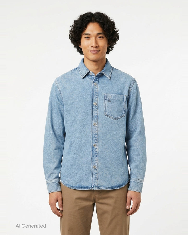 AMI Paris Ami de Cœur denim overshirt in light blue wash with snap-button placket and heart-over-A logo on chest pocket - front