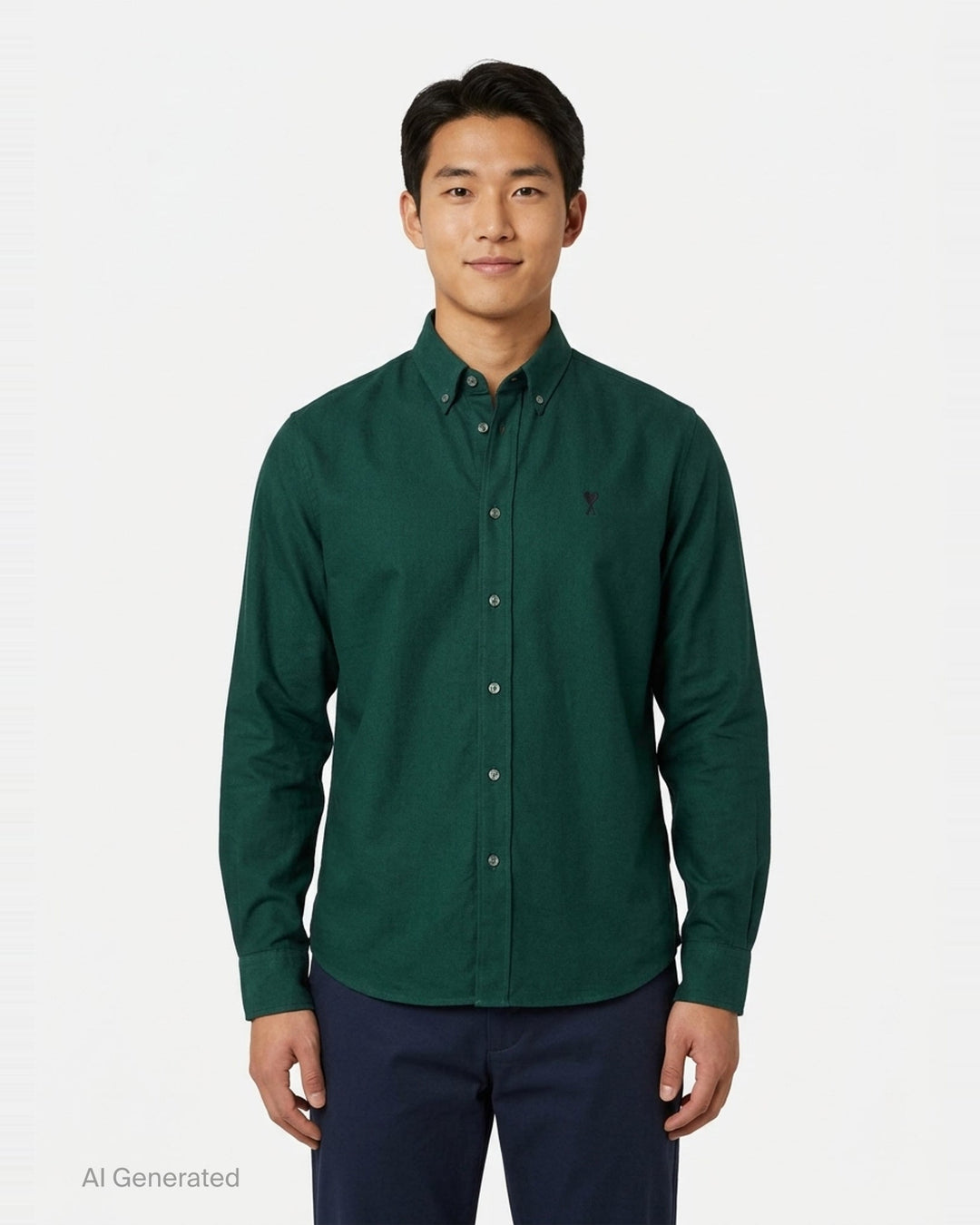 AMI Paris Ami de Cœur long sleeve Oxford shirt in forest green with button-down collar and tonal heart logo embroidery on the chest - front