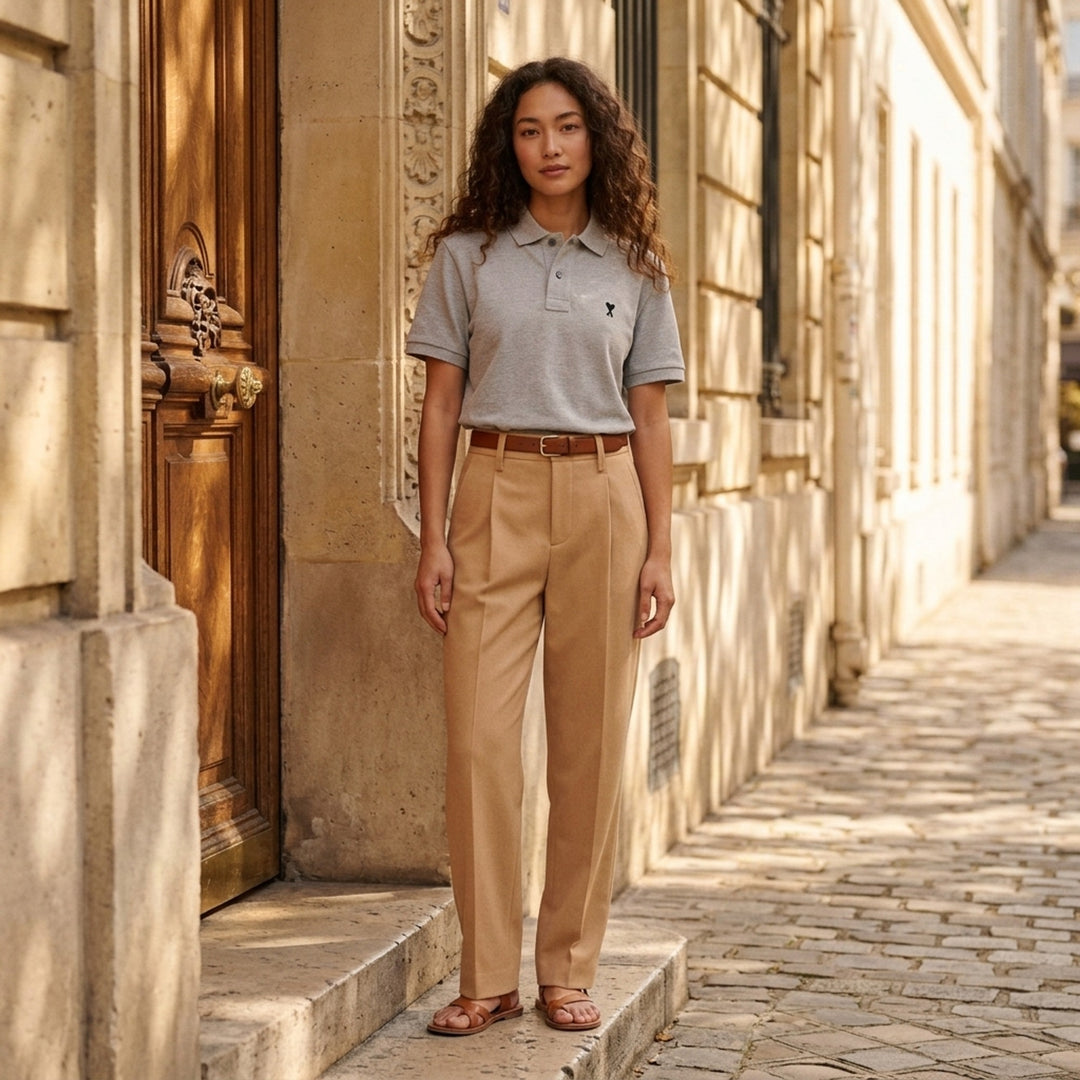Ami Alexandre Mattiussi heather grey piqué polo shirt with Ami de Cœur embroidered heart-A logo on the chest and two-button placket - lifestyle
