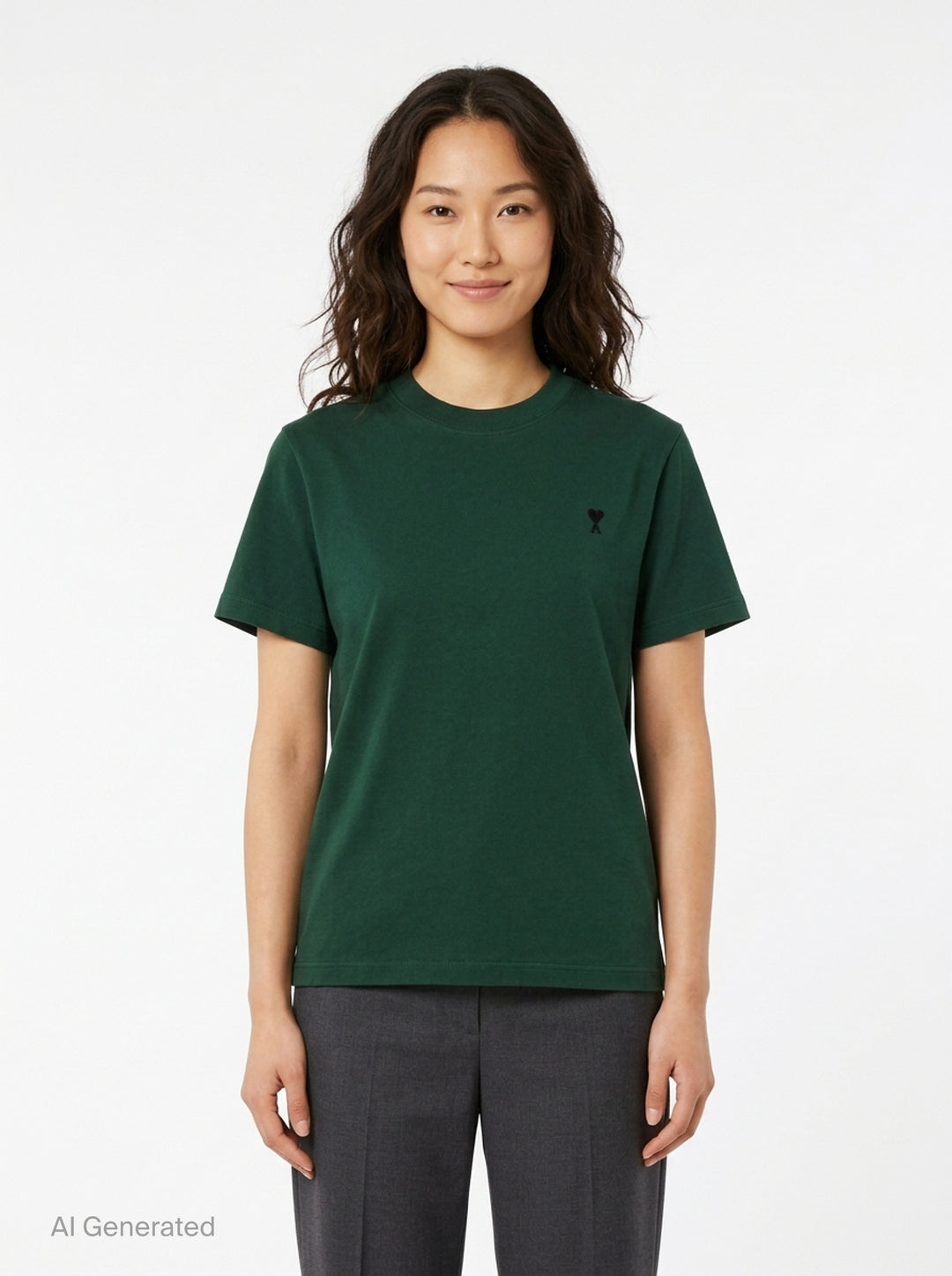 AMI Alexandre Mattiussi forest green short sleeve T-shirt with tonal black Ami de Cœur embroidered logo on the chest and crew neckline - front