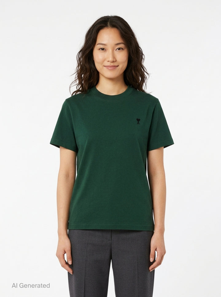 AMI Alexandre Mattiussi forest green short sleeve T-shirt with tonal black Ami de Cœur embroidered logo on the chest and crew neckline - front