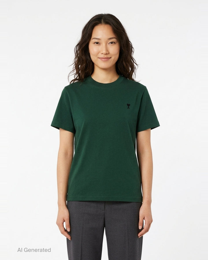 AMI Alexandre Mattiussi forest green short sleeve T-shirt with tonal black Ami de Cœur embroidered logo on the chest and crew neckline - front