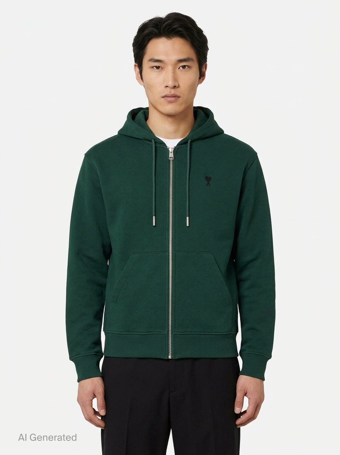 AMI Alexandre Mattiussi forest green zip hoodie with embroidered Ami de Cœur heart logo on the chest, full-length silver zip, kangaroo pocket, and adjustable tonal drawstring hood - front