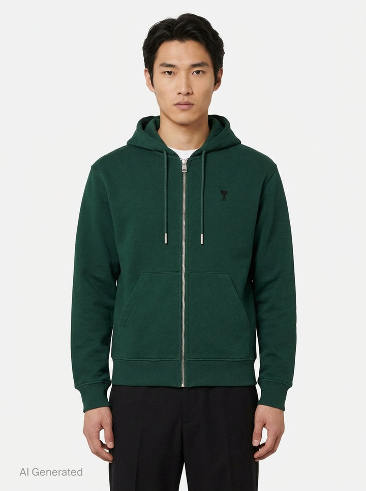 AMI Alexandre Mattiussi forest green zip hoodie with embroidered Ami de Cœur heart logo on the chest, full-length silver zip, kangaroo pocket, and adjustable tonal drawstring hood - front
