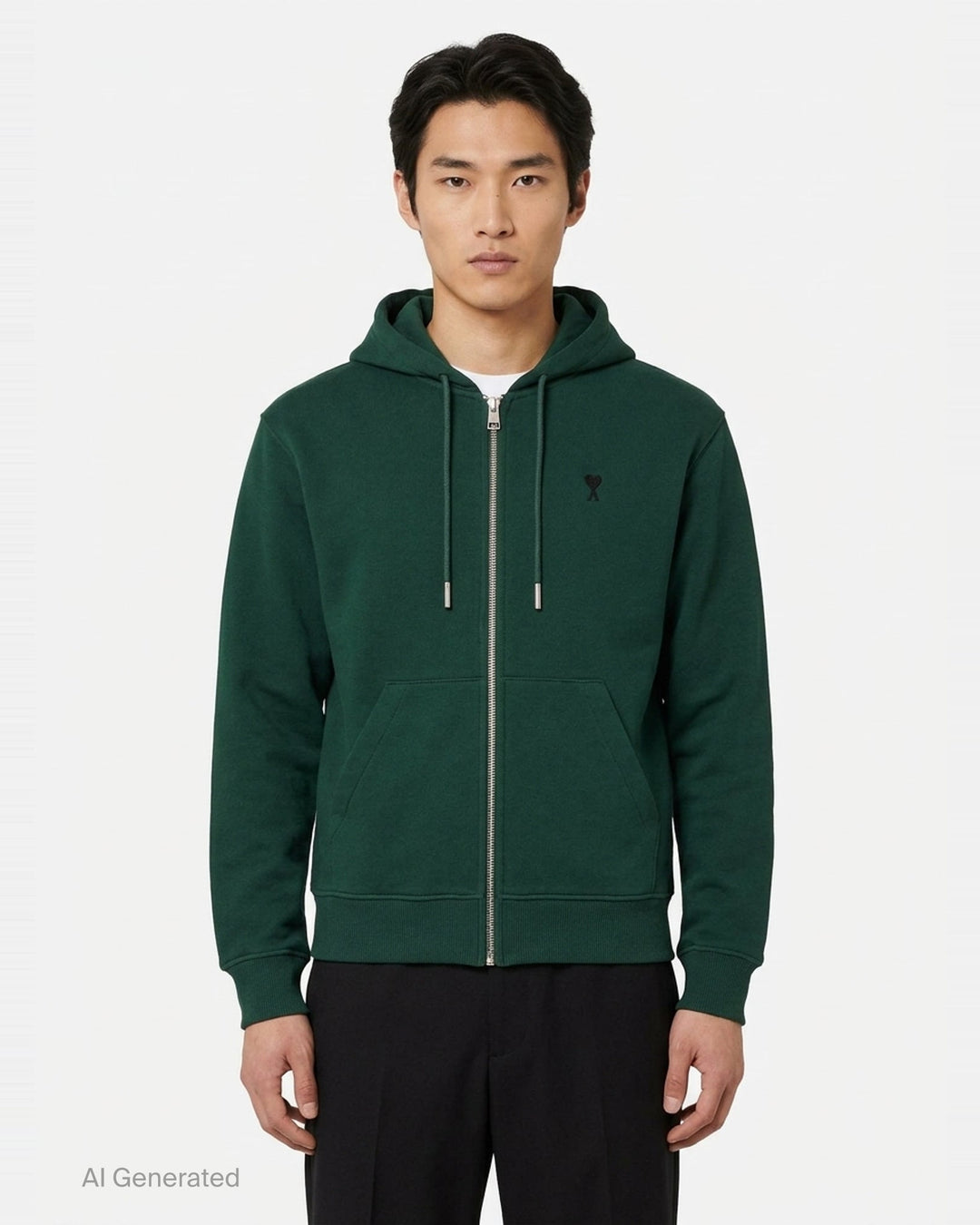 AMI Alexandre Mattiussi forest green zip hoodie with embroidered Ami de Cœur heart logo on the chest, full-length silver zip, kangaroo pocket, and adjustable tonal drawstring hood - front