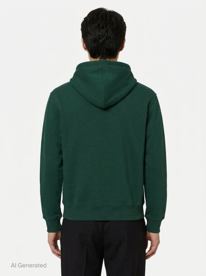AMI Alexandre Mattiussi forest green zip hoodie with embroidered Ami de Cœur heart logo on the chest, full-length silver zip, kangaroo pocket, and adjustable tonal drawstring hood - back