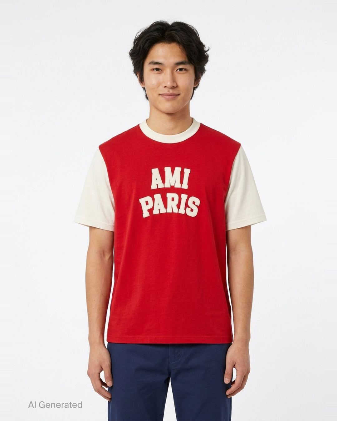 AMI Paris two-tone T-shirt with red body, ivory short sleeves and collar, and oversized white felt 'AMI Paris' collegiate lettering on the chest - front