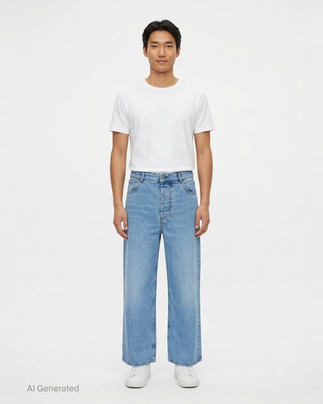 AMI Baggy Fit Jeans in light blue washed denim with wide-leg silhouette, button fly, and five-pocket design - front