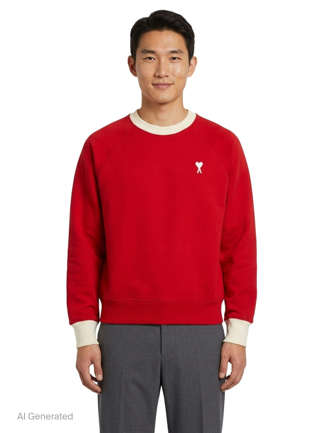 AMI Paris Bicolor Crewneck Sweatshirt in red with cream contrast ribbed collar and cuffs, featuring an embroidered Ami de Cœur logo on the chest - front