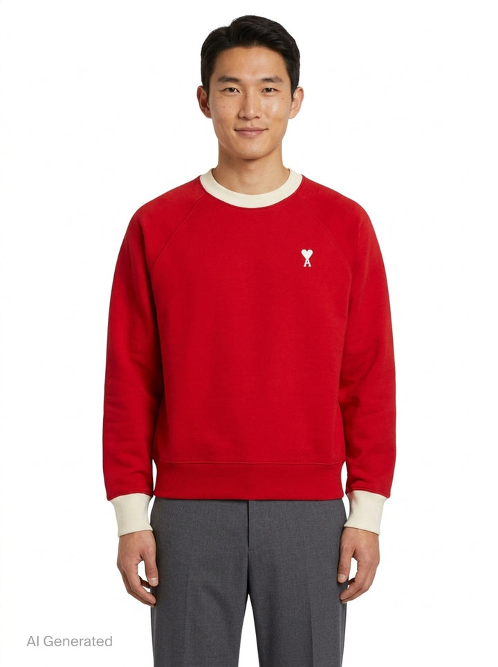 AMI Paris Bicolor Crewneck Sweatshirt in red with cream contrast ribbed collar and cuffs, featuring an embroidered Ami de Cœur logo on the chest - front