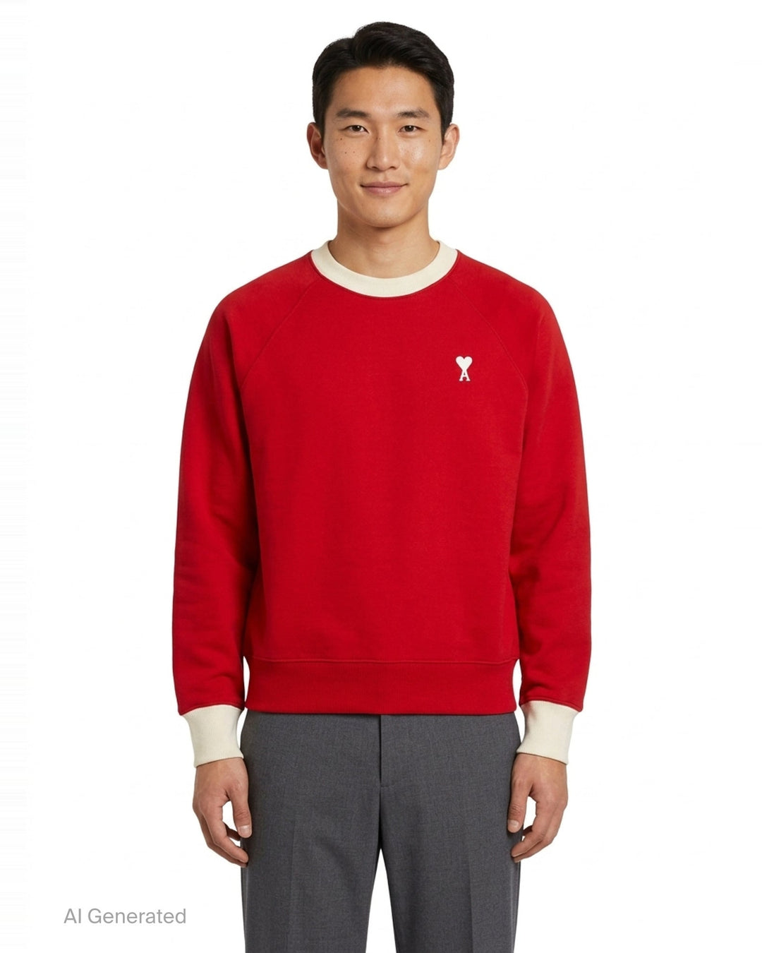 AMI Paris Bicolor Crewneck Sweatshirt in red with cream contrast ribbed collar and cuffs, featuring an embroidered Ami de Cœur logo on the chest - front