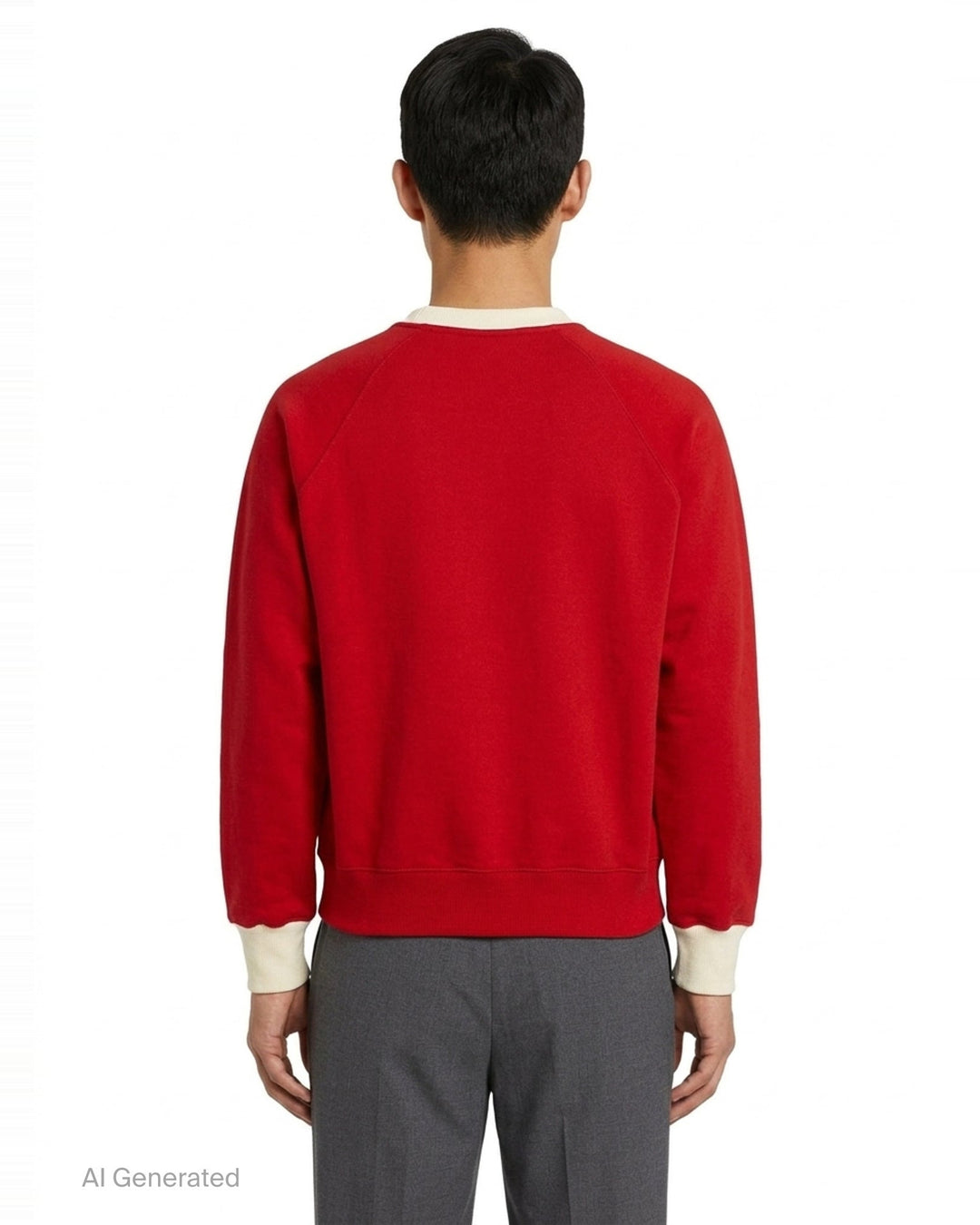 AMI Paris Bicolor Crewneck Sweatshirt in red with cream contrast ribbed collar and cuffs, featuring an embroidered Ami de Cœur logo on the chest - back