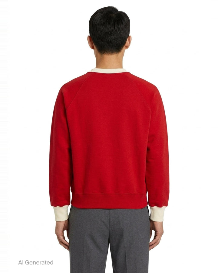 AMI Paris Bicolor Crewneck Sweatshirt in red with cream contrast ribbed collar and cuffs, featuring an embroidered Ami de Cœur logo on the chest - back