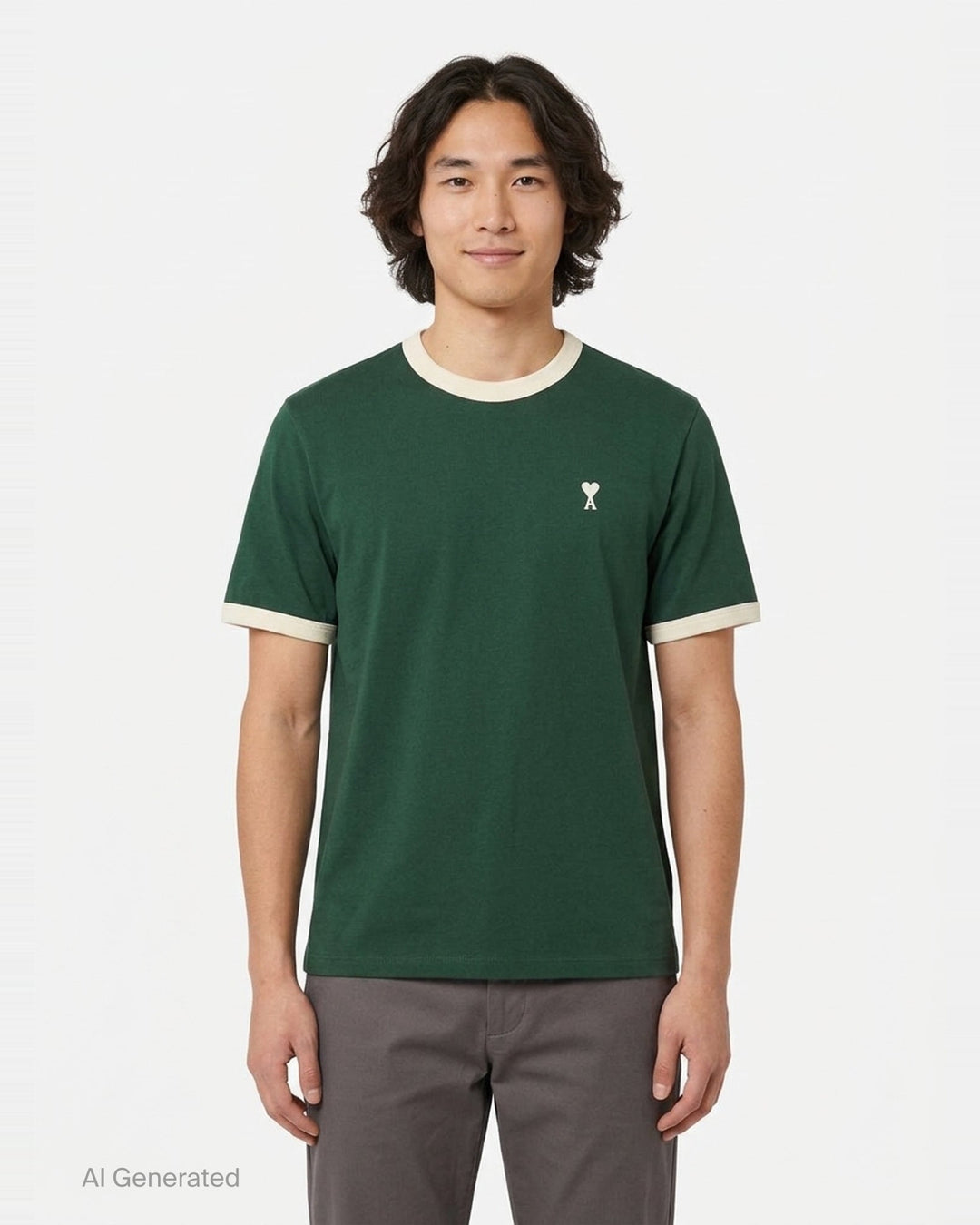 AMI Alexandre Mattiussi Bicolor Ringer Tee in forest green with cream contrast ribbed trim at the neckline and cuffs, and Ami de Cœur logo embroidered at the chest - front