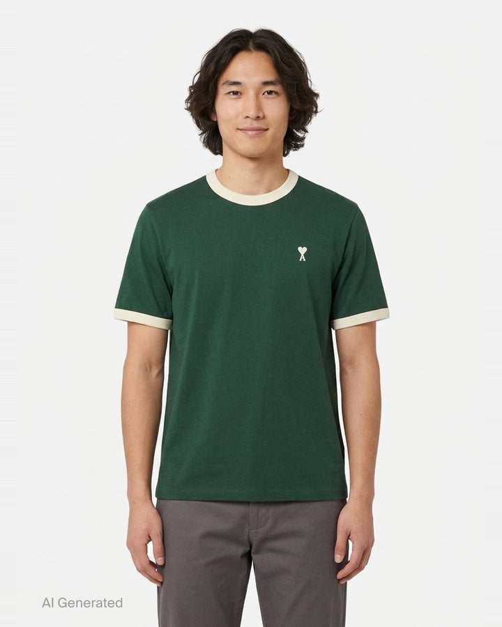 AMI Alexandre Mattiussi Bicolor Ringer Tee in forest green with cream contrast ribbed trim at the neckline and cuffs, and Ami de Cœur logo embroidered at the chest - front