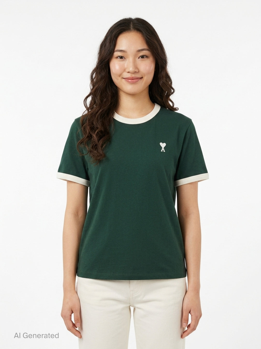 Ami Alexandre Mattiussi forest green bicolor ringer tee with cream contrast collar and cuff trim, featuring the embroidered Ami de Cœur logo at the chest - front
