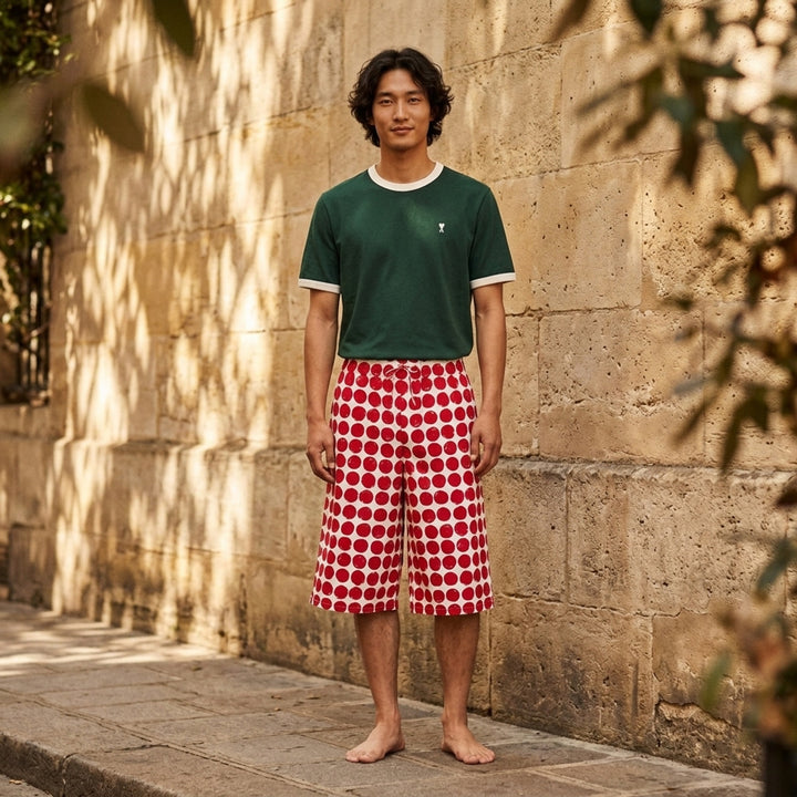 AMI Alexandre Mattiussi Bicolor Ringer Tee in forest green with cream contrast ribbed trim at the neckline and cuffs, and Ami de Cœur logo embroidered at the chest - lifestyle