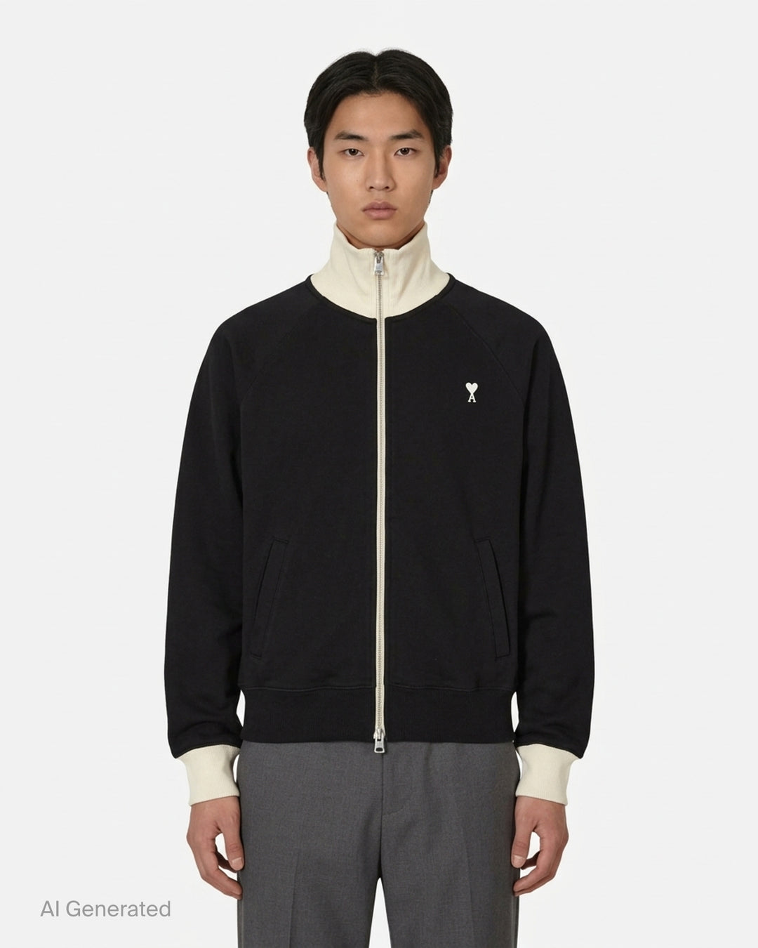 AMI black zip-up sweatshirt with cream funnel collar, ribbed cuffs and embroidered Ami de Coeur logo on the chest - front
