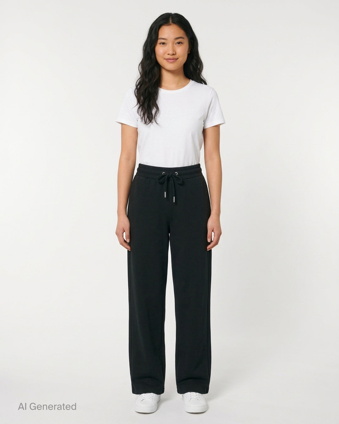 AMI black drawstring sweatpants with ribbed waistband and wide straight leg, shown from the front - front