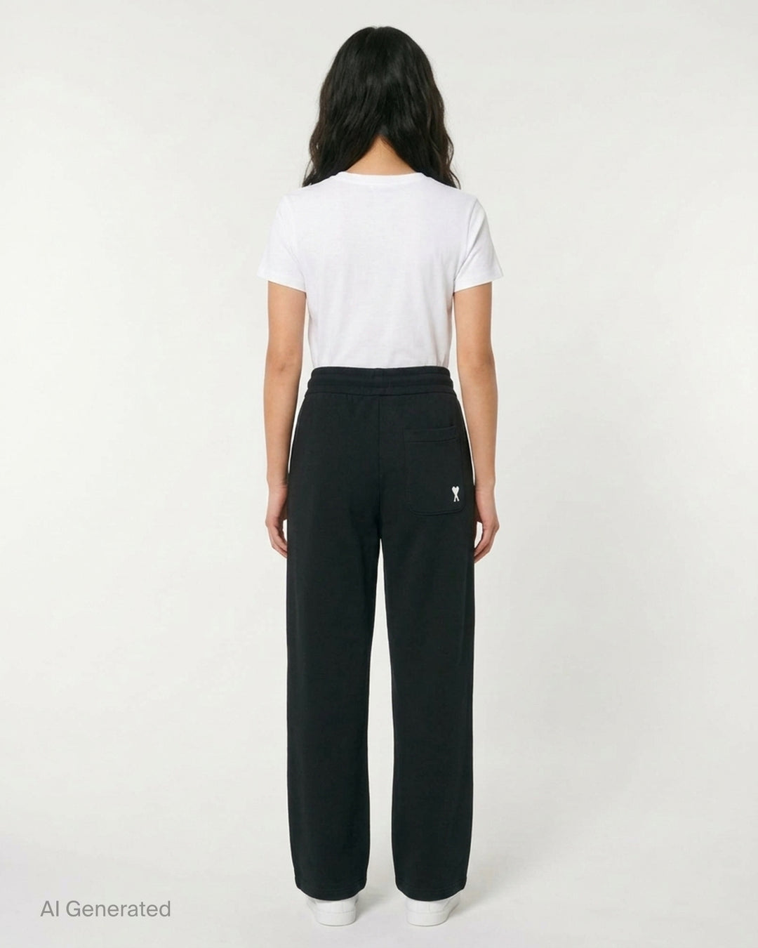 AMI black drawstring sweatpants with ribbed waistband and wide straight leg, shown from the front - back