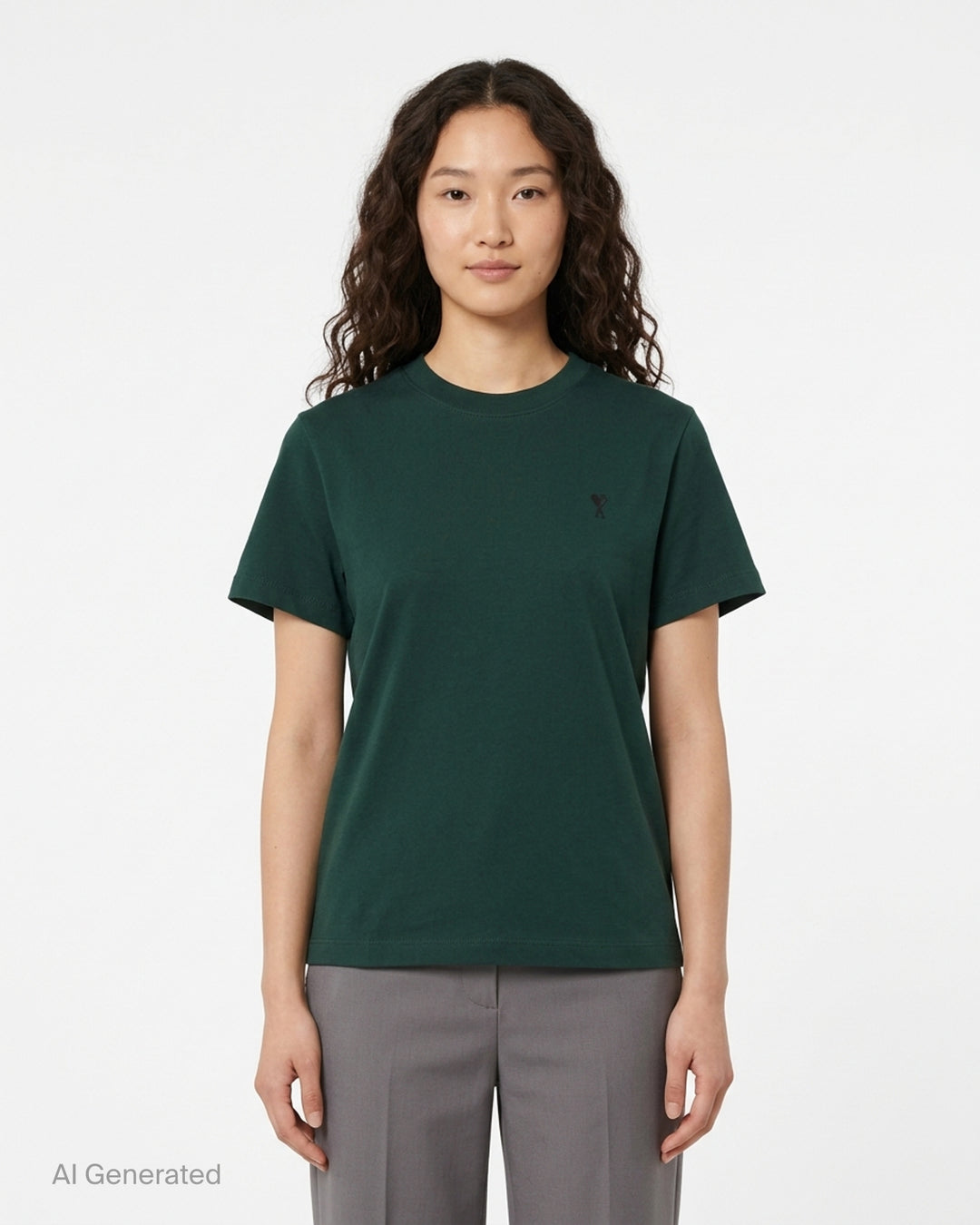 AMI forest green short-sleeve crew neck T-shirt with a small black Ami de Cœur embroidered logo at the chest - front