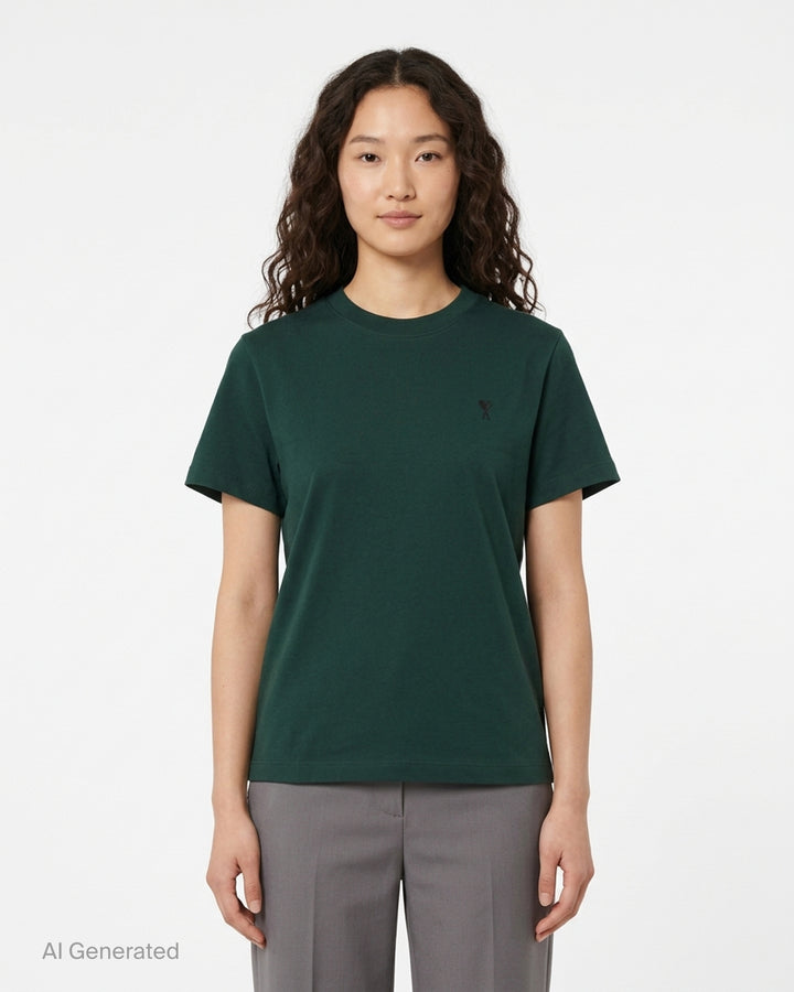 AMI forest green short-sleeve crew neck T-shirt with a small black Ami de Cœur embroidered logo at the chest - front