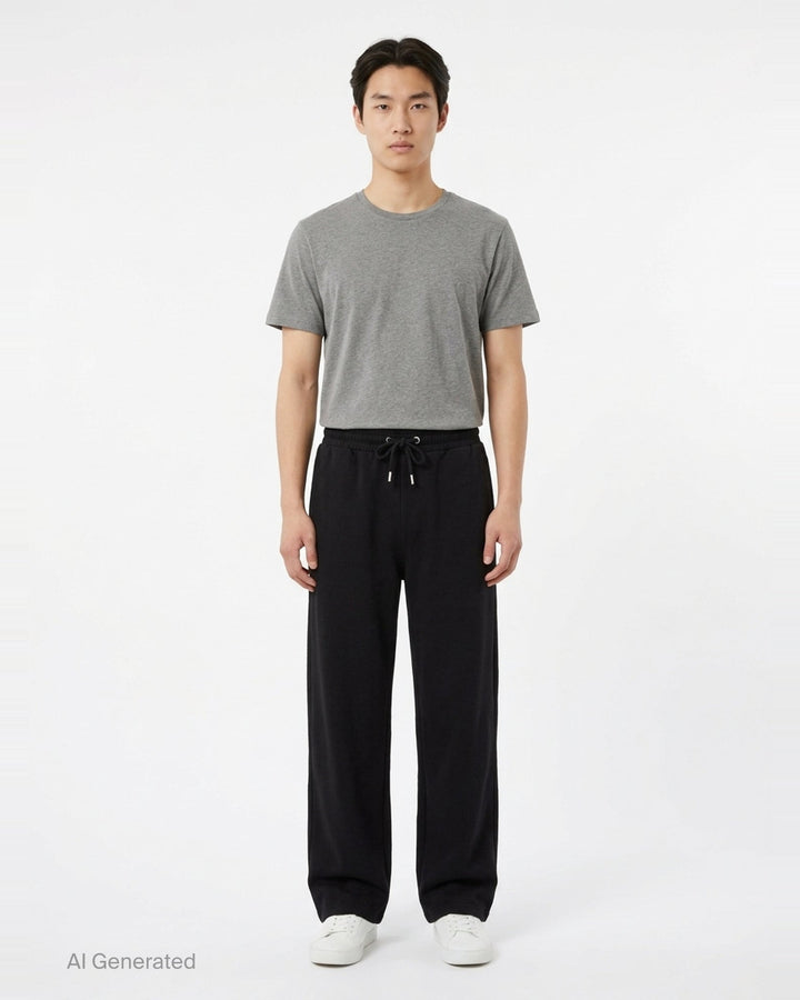 AMI Contrast Wide Leg Sweatpants in black with elasticated drawstring waistband and wide straight-cut silhouette, shown flat against a white background - front