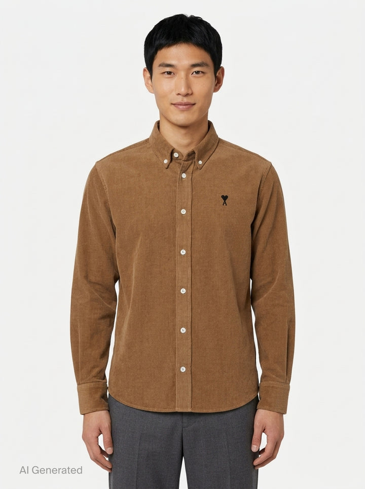 AMI Alexandre Mattiussi fine-wale corduroy button-down shirt in camel with embroidered Ami de Cœur logo at the chest and button-down collar - front