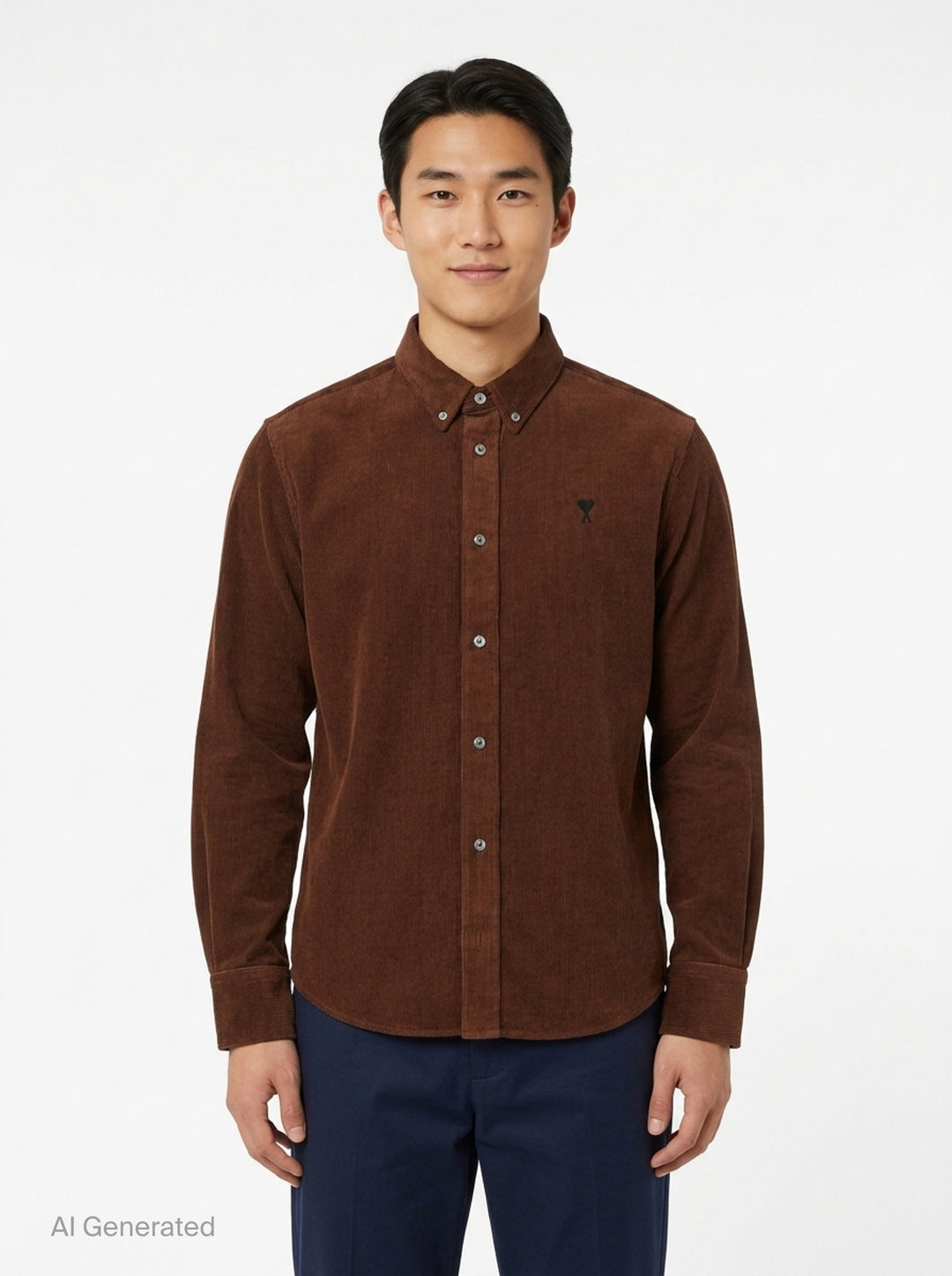 AMI Alexandre Mattiussi fine-wale corduroy button-down shirt in camel with embroidered Ami de Cœur logo at the chest and button-down collar - front