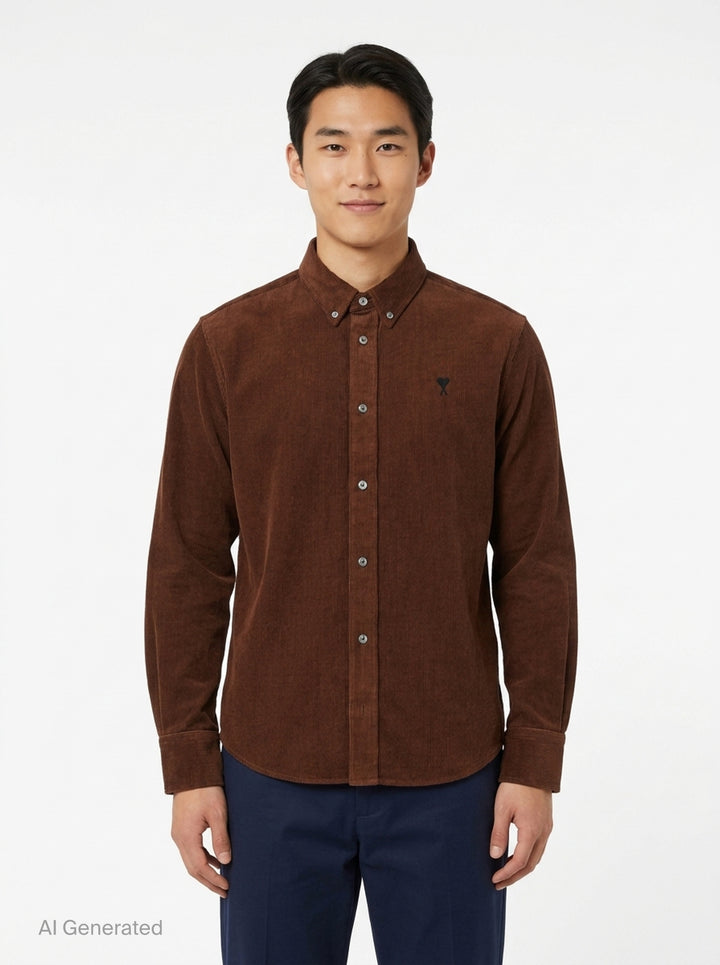 AMI Alexandre Mattiussi fine-wale corduroy button-down shirt in camel with embroidered Ami de Cœur logo at the chest and button-down collar - front