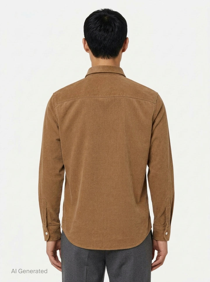 AMI Alexandre Mattiussi fine-wale corduroy button-down shirt in camel with embroidered Ami de Cœur logo at the chest and button-down collar - back
