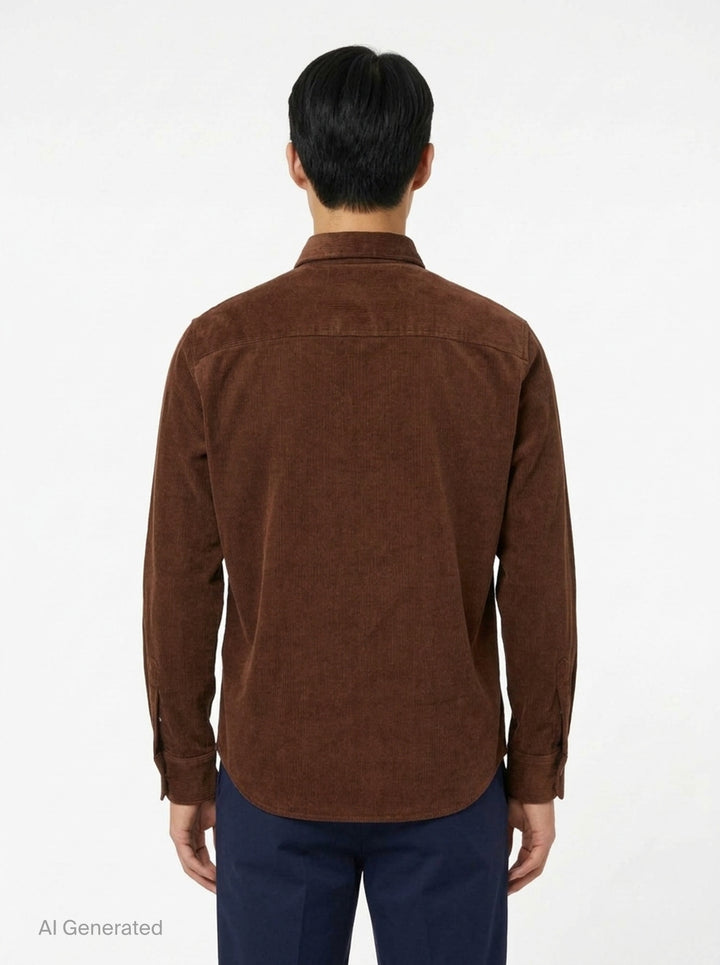 AMI Alexandre Mattiussi fine-wale corduroy button-down shirt in camel with embroidered Ami de Cœur logo at the chest and button-down collar - back