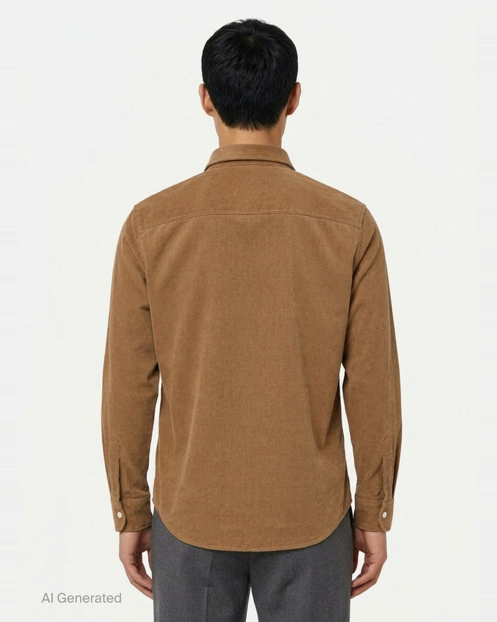 AMI Alexandre Mattiussi fine-wale corduroy button-down shirt in camel with embroidered Ami de Cœur logo at the chest and button-down collar - back