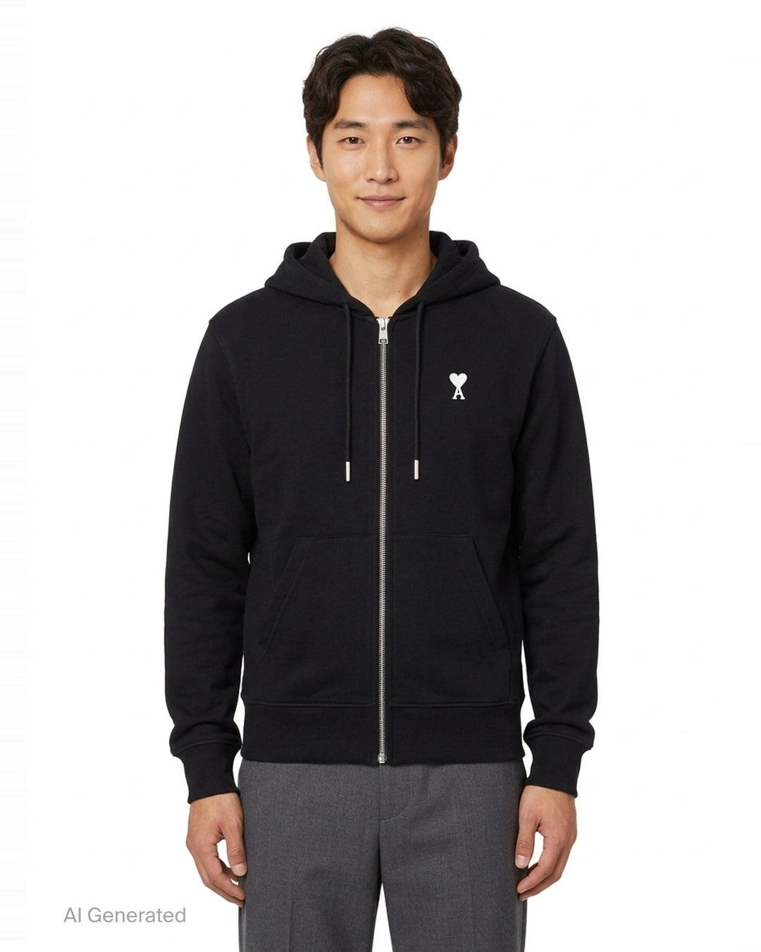 Ami Alexandre Mattiussi black zip-up hoodie with embroidered Ami de Cœur logo, silver zip hardware, adjustable drawstring hood, and kangaroo pocket - front